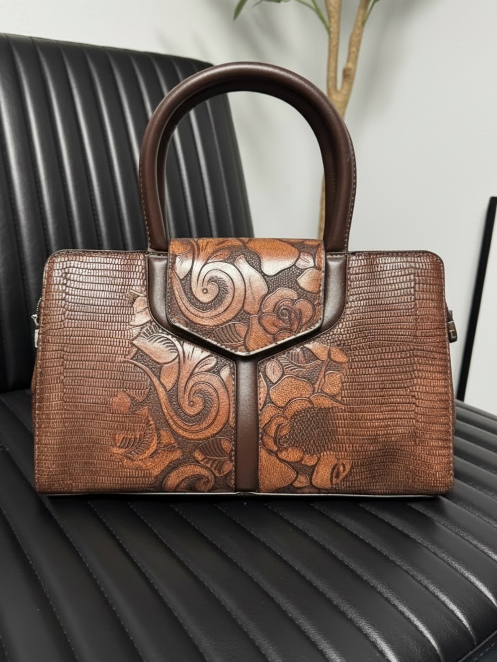 Vintage-Style Tooled and Mock-Croc Patchwork Satchel Bag,